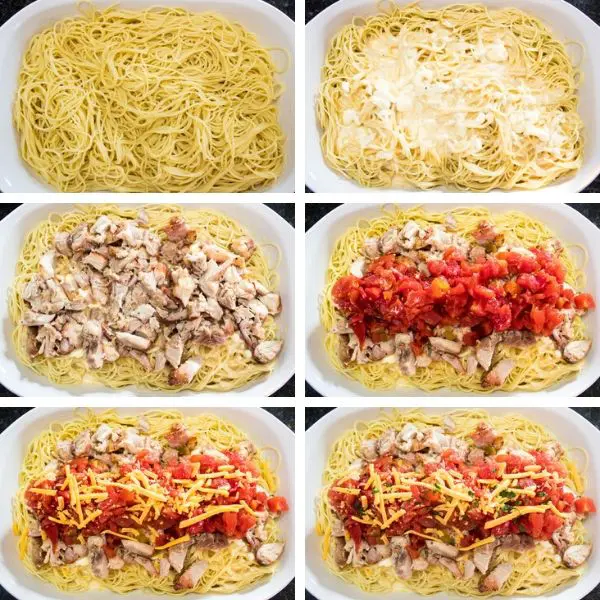Layering the Chicken Spaghetti with Rotel diced tomatoes and green chilies in the baking dish.
