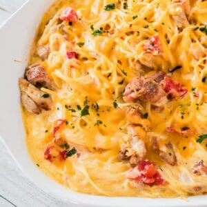 Questo Spaghetti di Pollo con Rotel è una casseruola di spaghetti super facile caricata con cremosa prelibatezza della Velveeta e crema di formaggi!