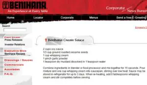 website screen shot from Benihana in the early 2000s showing the mustard cream sauce authentic recipe