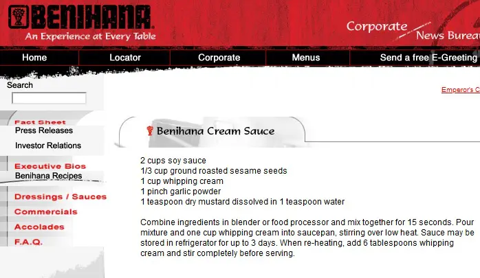 website screen shot from Benihana in the early 2000s showing the mustard cream sauce authentic recipe