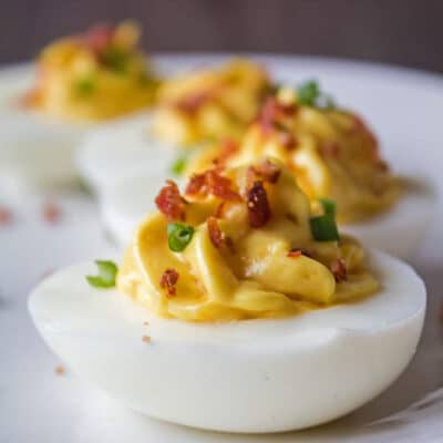Square image of deviled eggs.