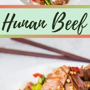 Easy Hunan Beef is a spicy Hunan style beef dish that is stir-fried with thinly cut steak, garlic, and peppers!