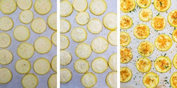 Preparing yellow squash rounds with seasoning parmesan and oven baking the chips.