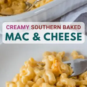 vertical image of southern baked macaroni and cheese served on a white plate with a fork dishing up a bite and white baking dish with the mac and cheese in the background
