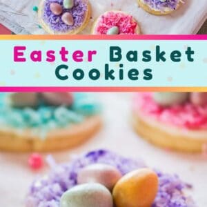 Deliciously fun Easter Basket Cookies are topped with pastel colored shredded coconut and Cadbury's shimmer mini milk chocolate eggs!