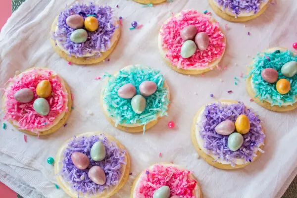 My Easter cookies, completed with buttercream frosting and colored shredded coconut and mini eggs