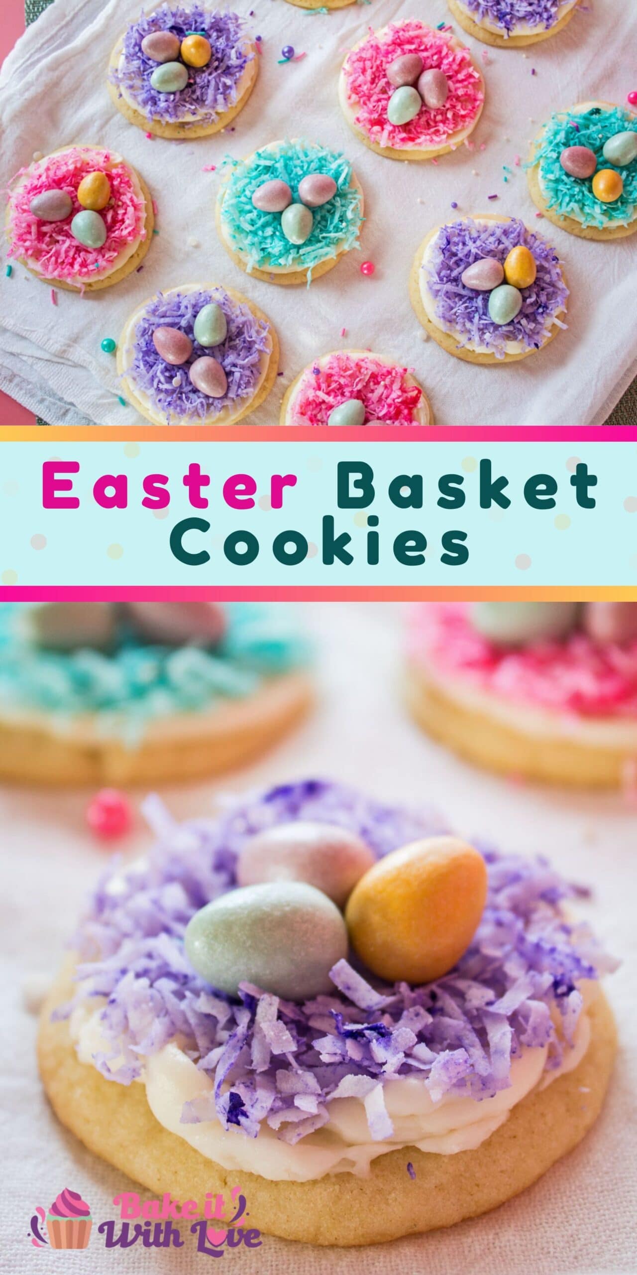 Deliciously fun Easter Basket Cookies are topped with pastel colored shredded coconut and Cadbury's shimmer mini milk chocolate eggs!