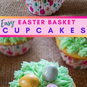 Delicious Easter Basket Cupcakes are covered with green 'grass' buttercream frosting and topped with Cadbury shimmer mini milk chocolate eggs!