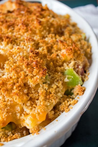 This easy leftover ham casserole with broccoli and cheese is made with 3 cheeses, ziti, and topped with breadcrumbs for an amazing meal from your ham!