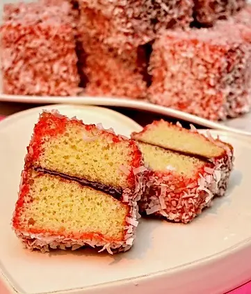 strawberry coconut lamingtons with jam filling from Barth Bakery