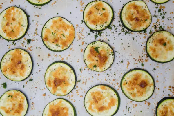 baked parmesan zucchini rounds after removing from the oven