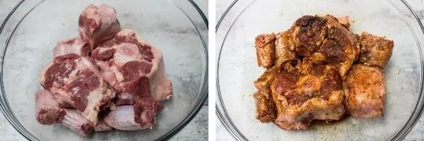 side by side images of oxtails being prepared, first rinsed and dried, then seasoned for Jamaican oxtails