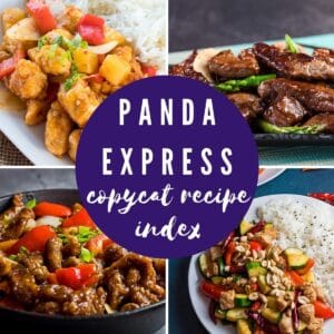 Collage van vier afbeeldingen van Panda Express-recepten met een transparante baksteenrode overlay voor de teksttitel 'Panda Express copycat-receptenindex'