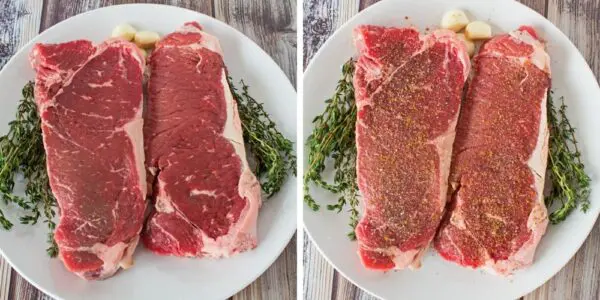 raw new york strip steaks being prepared, left shows steak with thyme and garlic bulbs, right shows the strip steaks seasoned and ready to cook