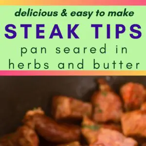 pin image showing two photos of steak bites pan seared with rosemary and garnished with parsley