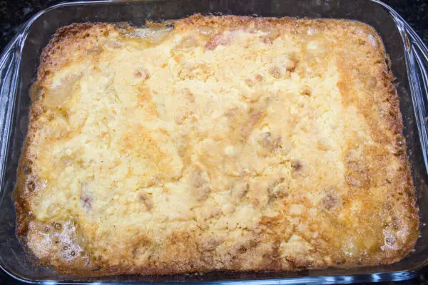 baked apple dump cake fresh out of the oven and just lightly golden browned