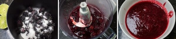 3 step photo of making the blackberry puree from fresh blackberries with sugar and lime juice