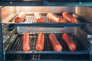 8 hot dog posizionati su griglie per friggitrice ad aria in stile forno a convezione e inseriti nel forno dopo il preriscaldamento, pronti per la cottura