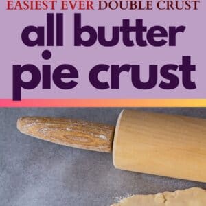 pin image with the top showing square overhead image of the rolled pie crust on light background with the rolling pin set next to the dough edge, pin title in the center, then a vertical close up of the dough