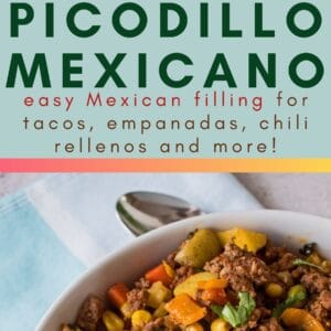 pin image showing the top square overhead of the ready to serve Mexican picodillo ground beef and potato recipe with text centered and bottom image of large close up vertical image of picodillo mexicano with ground beef tomatoes potatoes vegetables and peppers served with white rice garnished with chopped cilantro and lime wedges on a light teal and white towel with grey background
