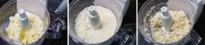 all butter pie crust dough being combined in a food processor shown in three steps
