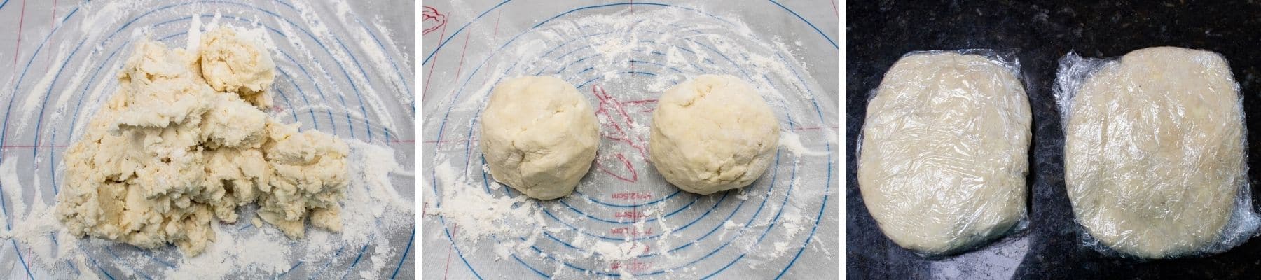 all butter pie crust dough turned out on a lightly floured pastry mat divided into two halves then shaped and flattened into disks in three step photos