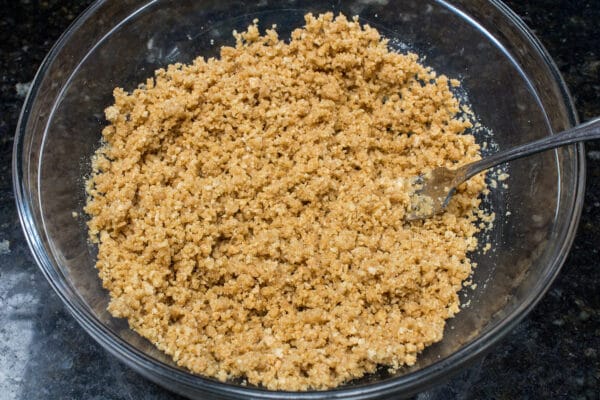 graham cracker crumble combined with sugar and melted butter ready to pour into your pie pan springform or baking dish