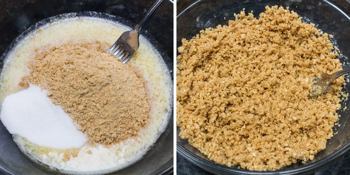 graham cracker crumbs with crust ingredients ready to be fork combined, and after being combined into a nice crumble ready to be poured into your pan