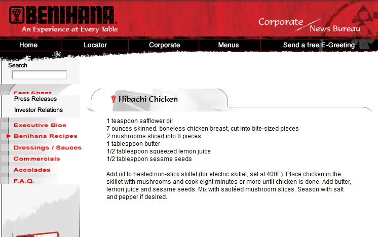 screenshot image of the actual Benihana webpage with the authentic recipe for Hibachi chicken as shared in the early 2000s online