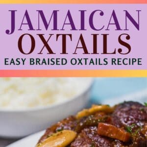 pin image with a square overhead closeup of the jamaican oxtails served on rice on a white plate on the top and bottom image a closeup on one of the larger oxtails taken from the side view