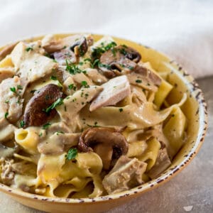 large square image of the leftover turkey stroganoff with mushrooms served up in a light golden bowl