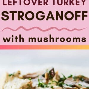 pin image showing the leftover turkey stroganoff with mushrooms dished up and served in a light golden bowl