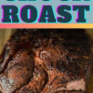 pin image with top photo a closeup horizontal image of tender juicy sliced smoked beef chuck roast after smoking on the cutting board with dark teal background and bottom image being a closeup overhead on the cutting board of the chuck roast with slices cut away