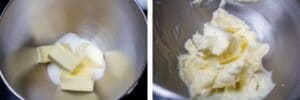 2 bild granulerat socker och osaltat smör krämad tillsammans