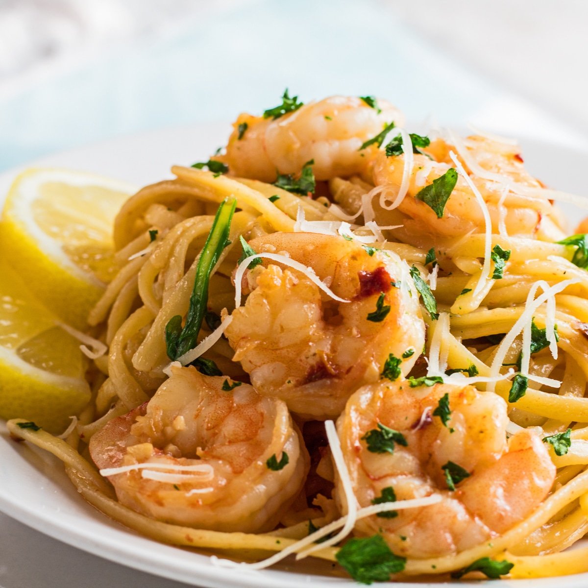 large square angled view of the garlic shrimp pasta served on white dish.