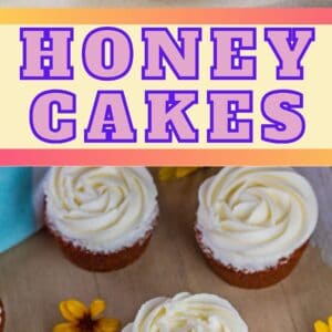 pin image with two images of the baked honey cakes served with buttercream frosting