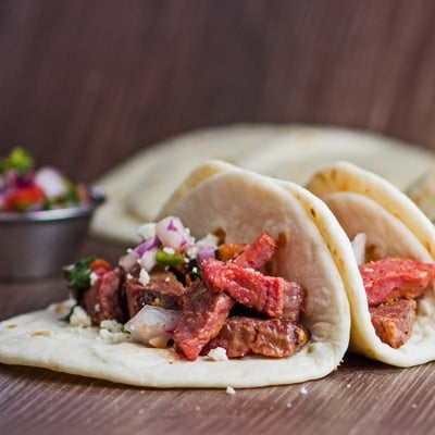 street style leftover prime rib tacos closeup.