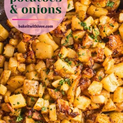 pin with overhead image of the pan fried potatoes and onions in skillet with text overlay.