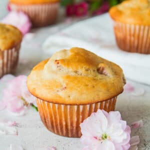 Large square side view of the strawberry yogurt muffins.