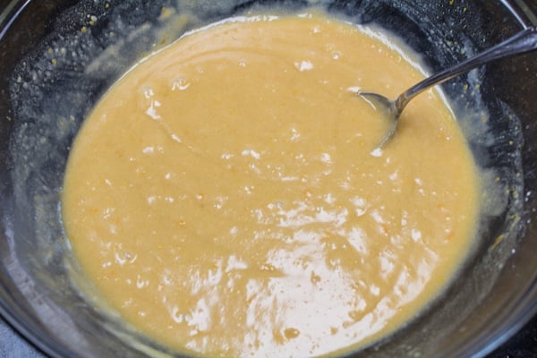 Cake batter mixed and ready to portion.