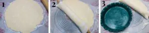 lining the pie pan in 3 steps - roll out, roll onto pin, unroll.