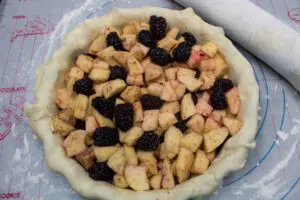 bottom crust filled with blackberry and apple pie filling.