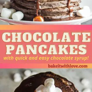 pin with two images of the stacked chocolate pancakes with chocolate syrup and marshmallows.