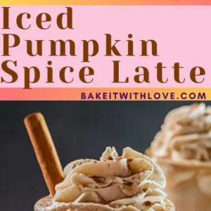 pin with two images of iced pumpkin spice latte on dark background.