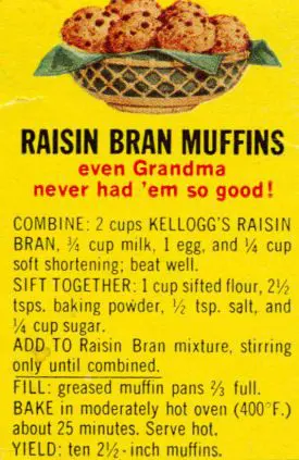 vintage Kelloggs cereal raisin bran muffin recipe.
