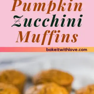 pin with two images of the pumpkin zucchini muffins on light background.