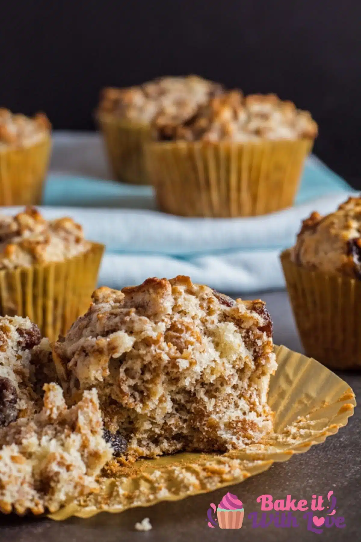 Tall image of raisin bran cereal muffins.