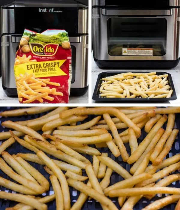 Air fryer frozen french fries collage packaged ready to air fry and serve.