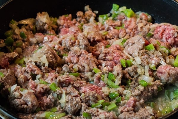 brown the ground beef meat with the sauteed bell pepper and onion.