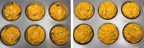 Pumpkin zucchini muffin batter filled until full and baked for 20 minutes.